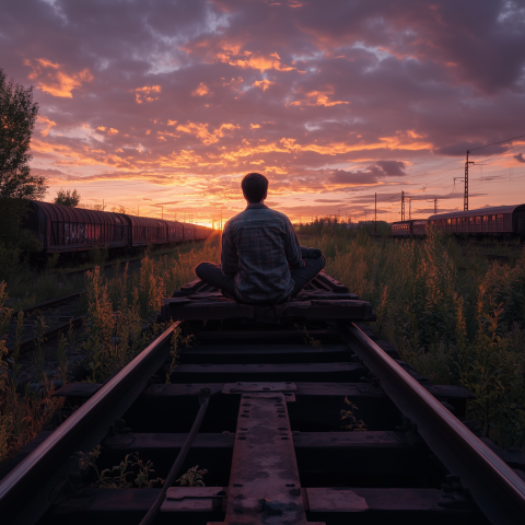Man Meditating on Train Tracks at Dusk
