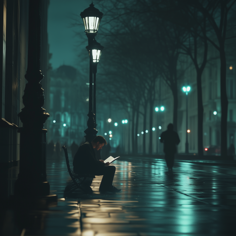 Man Reading Alone on Rainy Night Street