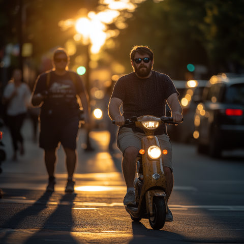 Man Riding Scooter at Sunset in Busy Street