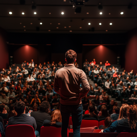 Man Speaking to Audience in Dark Auditorium