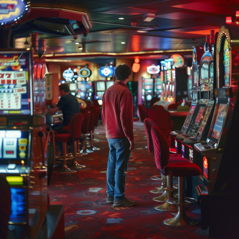 Man Standing Alone in Colorful Casino