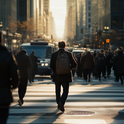 Man Walking Across Busy City Street at Sunset