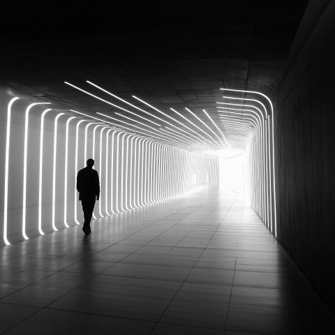 Man Walking Through Futuristic Lit Tunnel