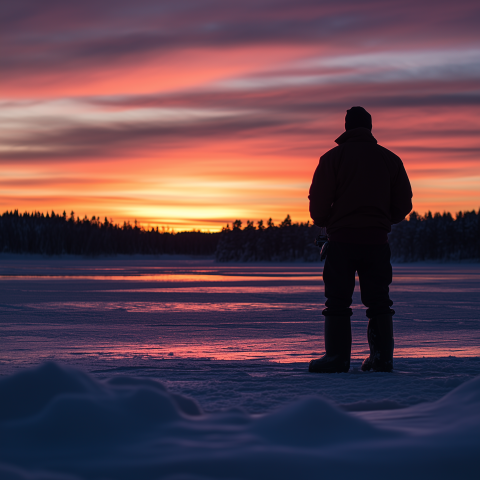 Man Watching Colorful Sunset on Frozen Lake