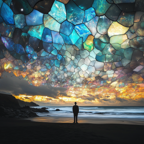 Man Watching Stained Glass Sky at Sunset