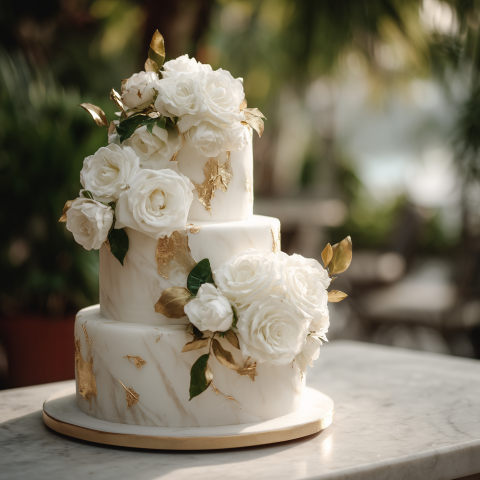 Golden Marble Wedding Cake with White Roses