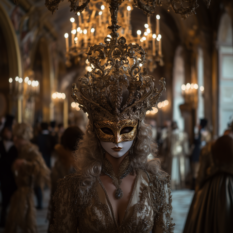 Masked Woman in Elaborate Crown at Ball