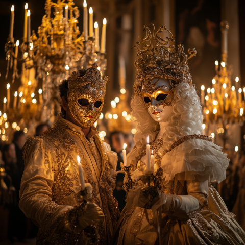 Masquerade Ball Couple in Golden Attire