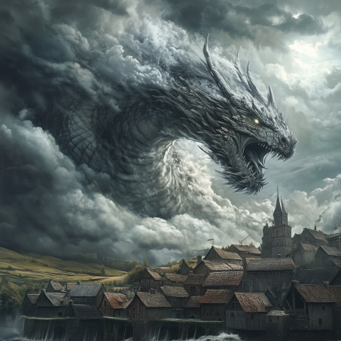 Massive Storm Dragon Over Medieval Village