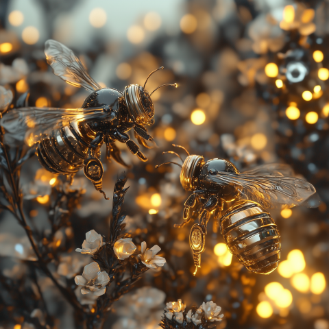 Mechanical Bees Among Flowers