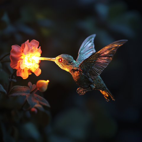 Mechanical Hummingbird Feeding on Glowing Flower