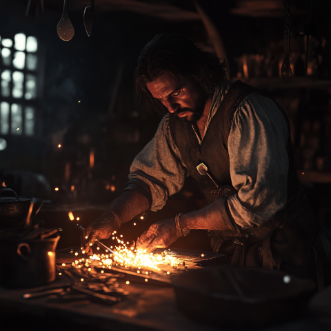 Medieval Blacksmith Forging Metal with Sparks