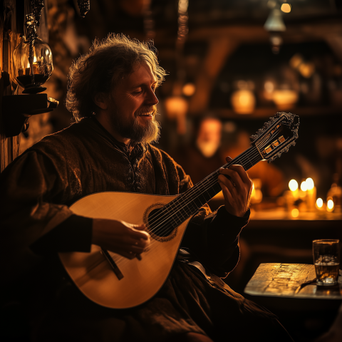 Medieval Minstrel Playing Lute in Tavern