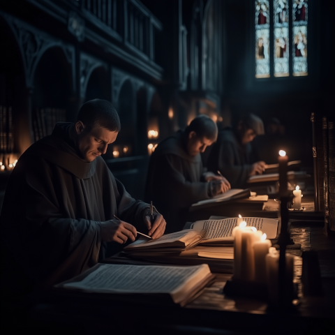 Medieval Monks Copying Manuscripts by Candlelight