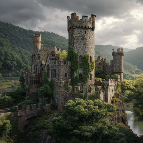 Medieval Stone Castle in Mountain Valley