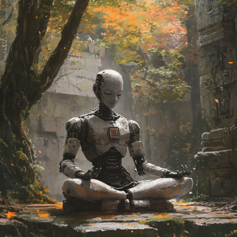 Meditating Robot in Forest Ruins