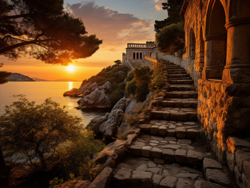 Mediterranean coastal town at sunset