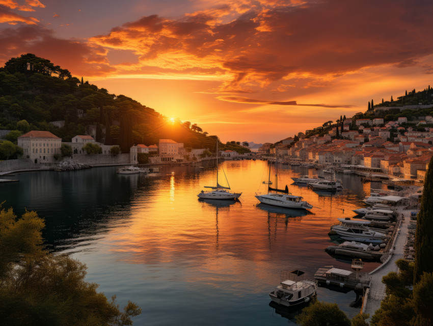 Mediterranean coastal town at sunset