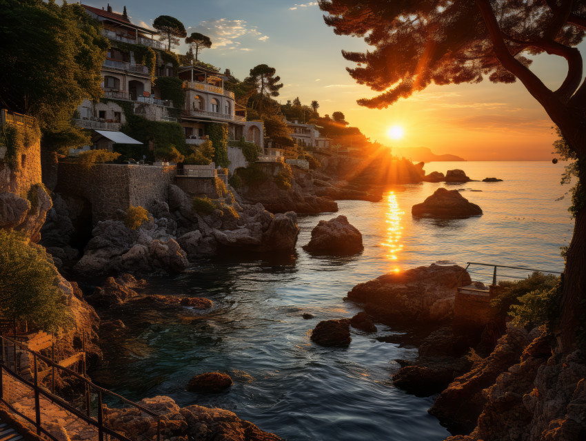 Mediterranean coastal town at sunset