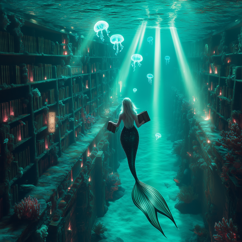 Mermaid Reading in Underwater Library