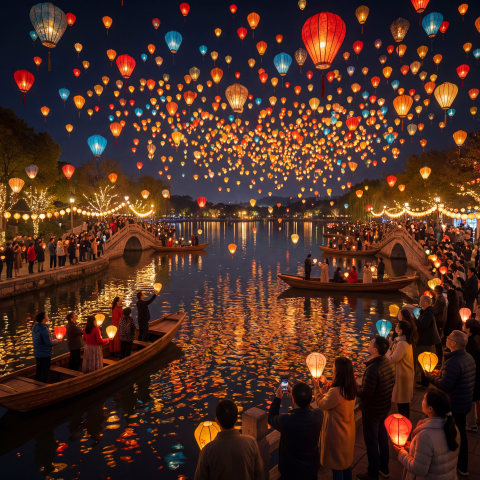 Mesmerizing Lantern Festival Night Scene Over Serene Lake