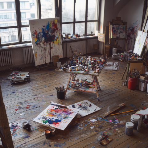 Messy Art Studio with Colorful Paint Supplies