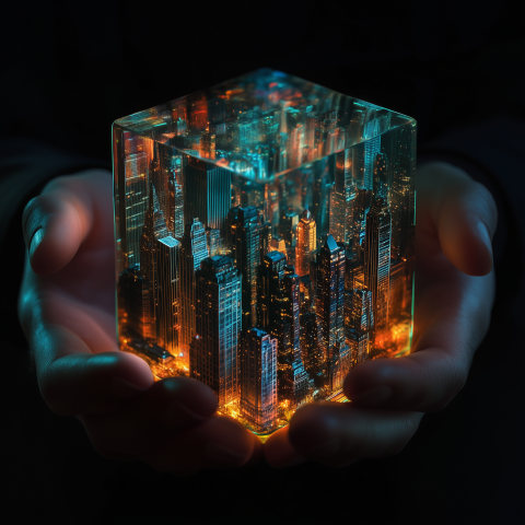 Miniature City Encased in Glass Cube