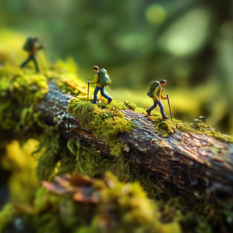 Miniature Hikers Trekking on Mossy Log