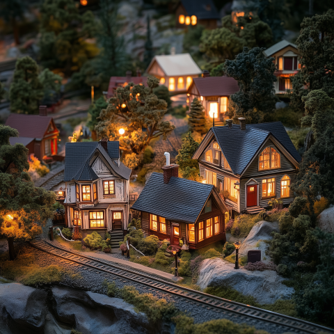 Miniature Model Village with Glowing Homes