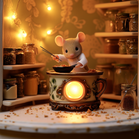 Miniature Mouse Cooking in Cozy Pantry