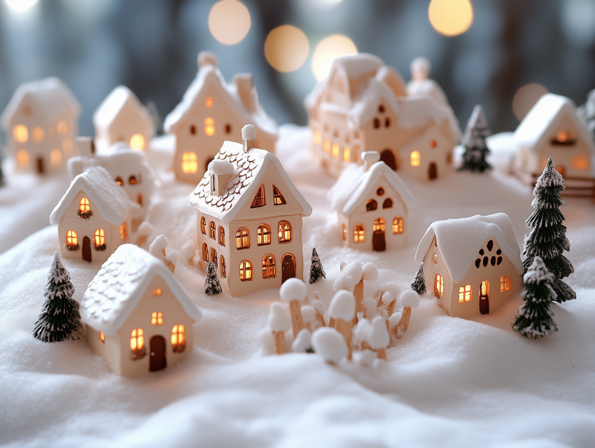 Miniature Snow-Covered Village at Night