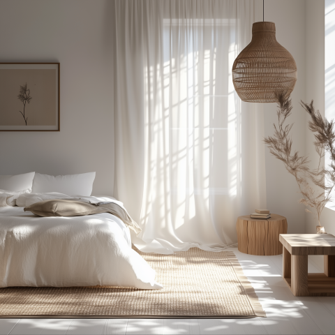 Minimalist Bedroom with Natural Light and Woven Decor