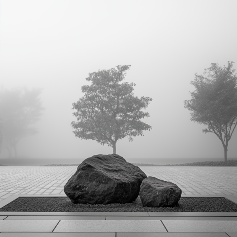 Minimalist Zen Garden in Morning Fog