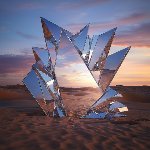 Mirrored Sculpture in Desert at Sunrise