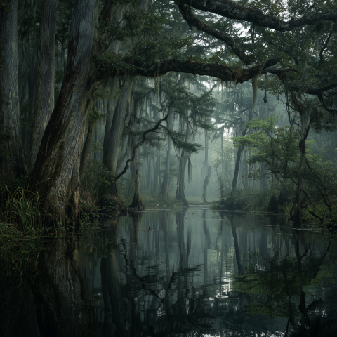 Misty Cypress Swamp With Reflections