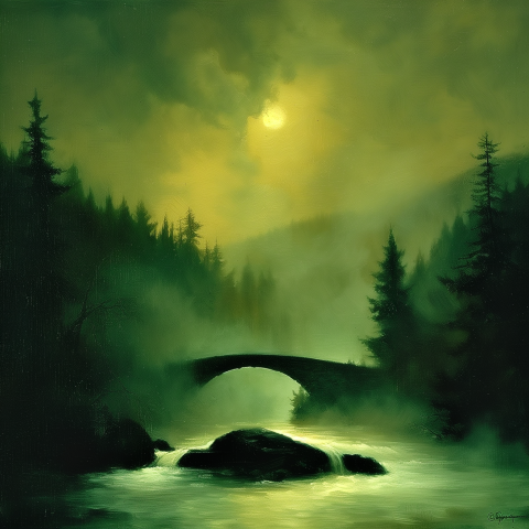 Misty Forest River with Stone Bridge