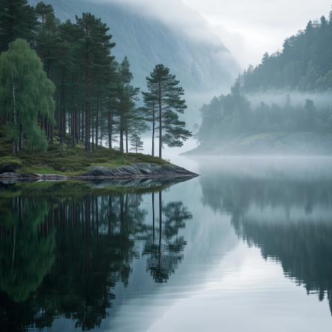 Misty Lake Reflections in Forest Valley