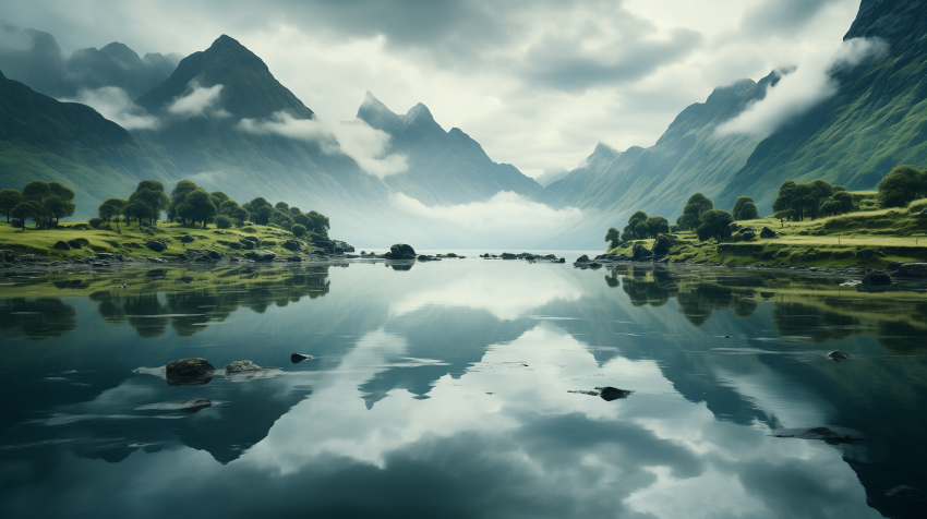 Misty Mountain Lake with Reflections