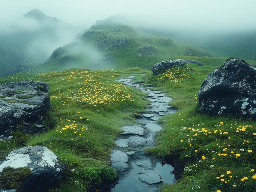 Misty Mountain Path with Wildflowers