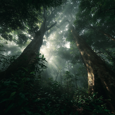 Misty Rainforest Canopy Viewed From Below