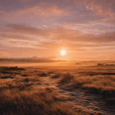 Misty Sunrise Over Golden Grasslands