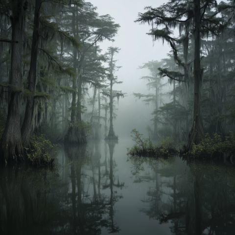 Misty Swamp Forest at Dawn