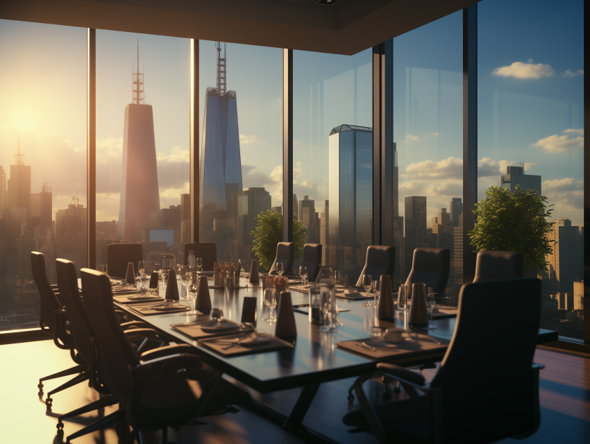 Modern Boardroom Overlooking City Skyline