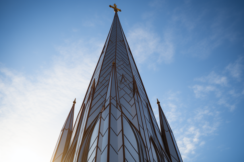 Modern Church Spire Against Blue Sky