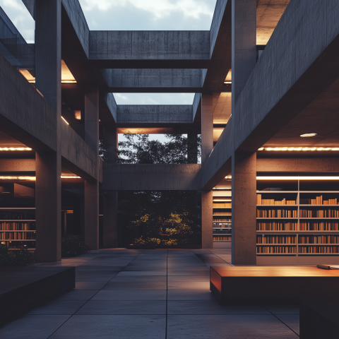 Modern Concrete Library Courtyard at Dusk