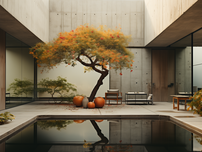 Modern Courtyard with Ornamental Tree and Pool