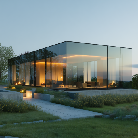 Minimalistic Glass House and Clear Skies