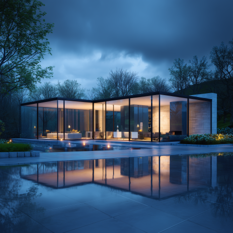 Modern Glass House with Stormy Skies