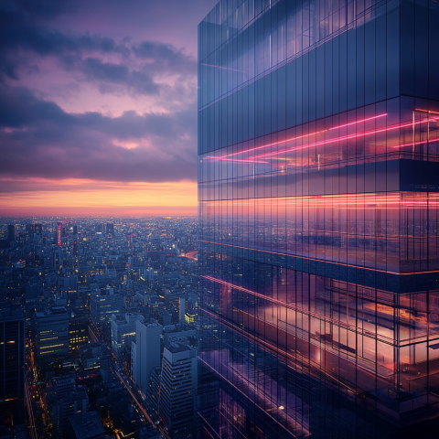 Modern Glass Skyscraper Over City at Dusk