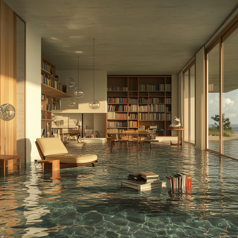 Modern Library Room Submerged in Water